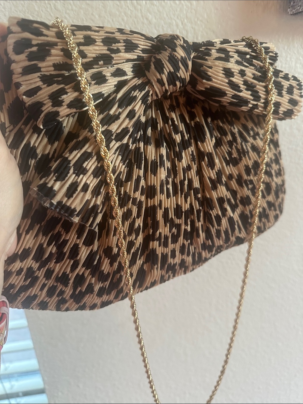 Loeffler Randall Pleated Leopard Bow Clutch w/ Gold Chain Strap Evening Bag - Picture 12 of 17